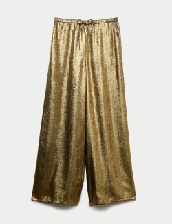 Satin Metallic Drawstring Wide Leg Trousers