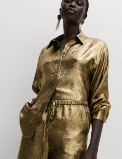 Satin Metallic Drawstring Wide Leg Trousers