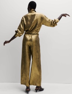 Satin Metallic Drawstring Wide Leg Trousers