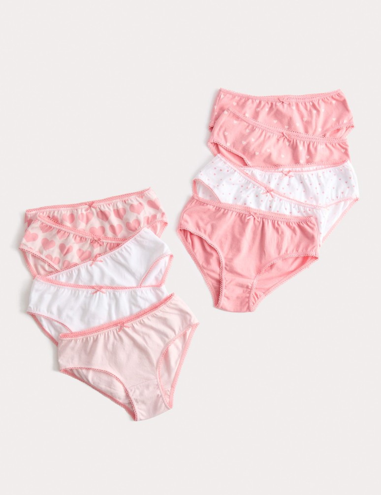 10 Pack Cotton with Stretch Pink Heart Knickers (2-14 Yrs)