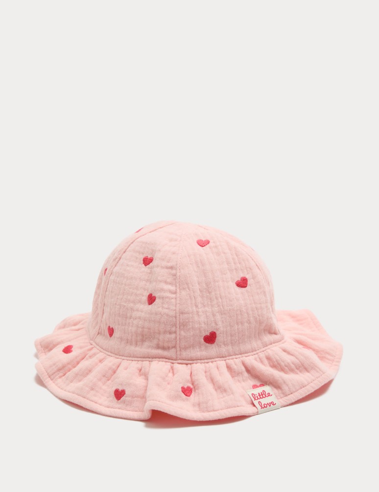 Pure Cotton Embroidered Heart Sun Hat (0-3 Yrs)