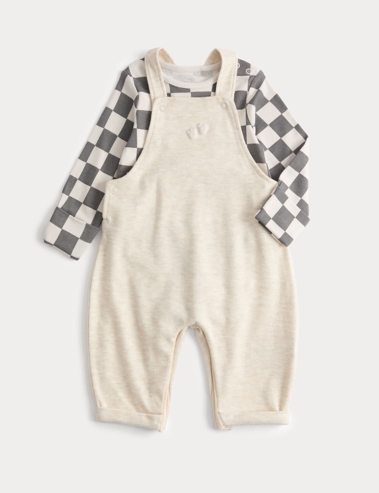 2 Piece Cotton Rich Checked Dungaree Outfit (7lbs-1 Yrs)