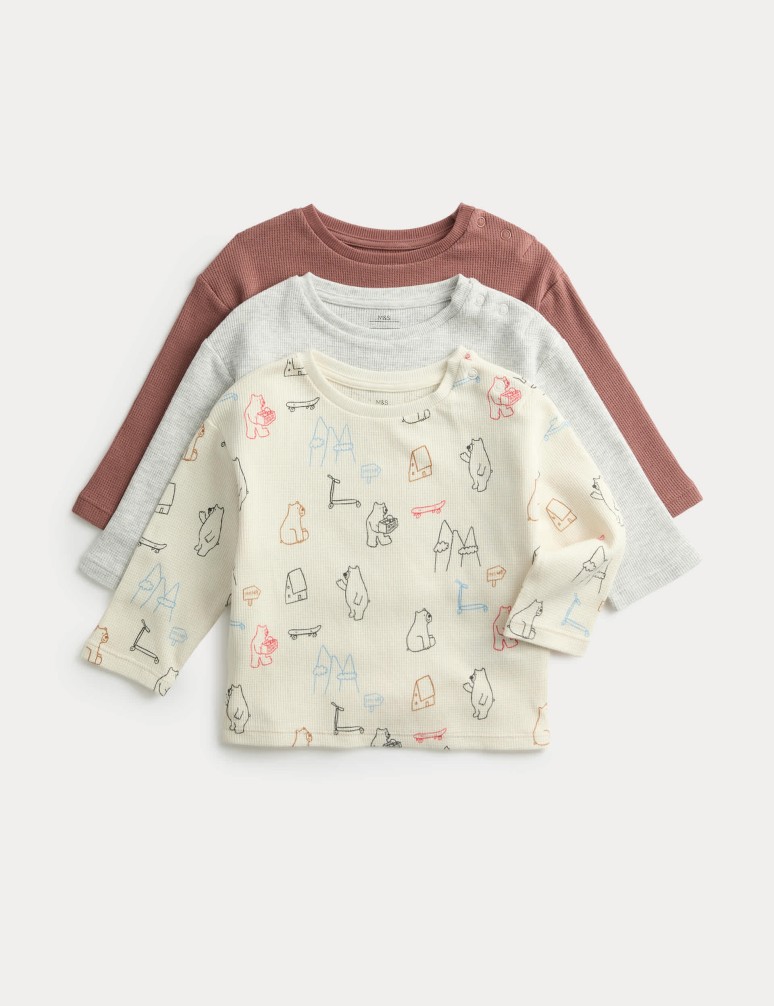 3 Pack Pure Cotton Bear Print Waffle Tops (0-3 Yrs)