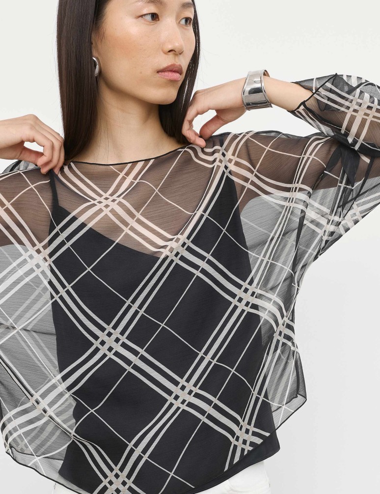 Checked Sheer Slash Neck Blouse