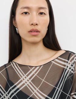 Checked Sheer Slash Neck Blouse