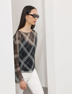 Checked Sheer Slash Neck Blouse