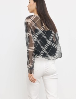 Checked Sheer Slash Neck Blouse