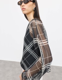 Checked Sheer Slash Neck Blouse