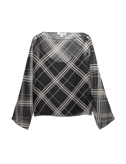 Checked Sheer Slash Neck Blouse