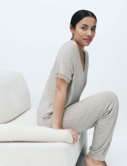 Lace Trim Cuffed Hem Pyjama Set