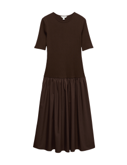 Žerzejové žebrované midi šaty se sníženým pasem