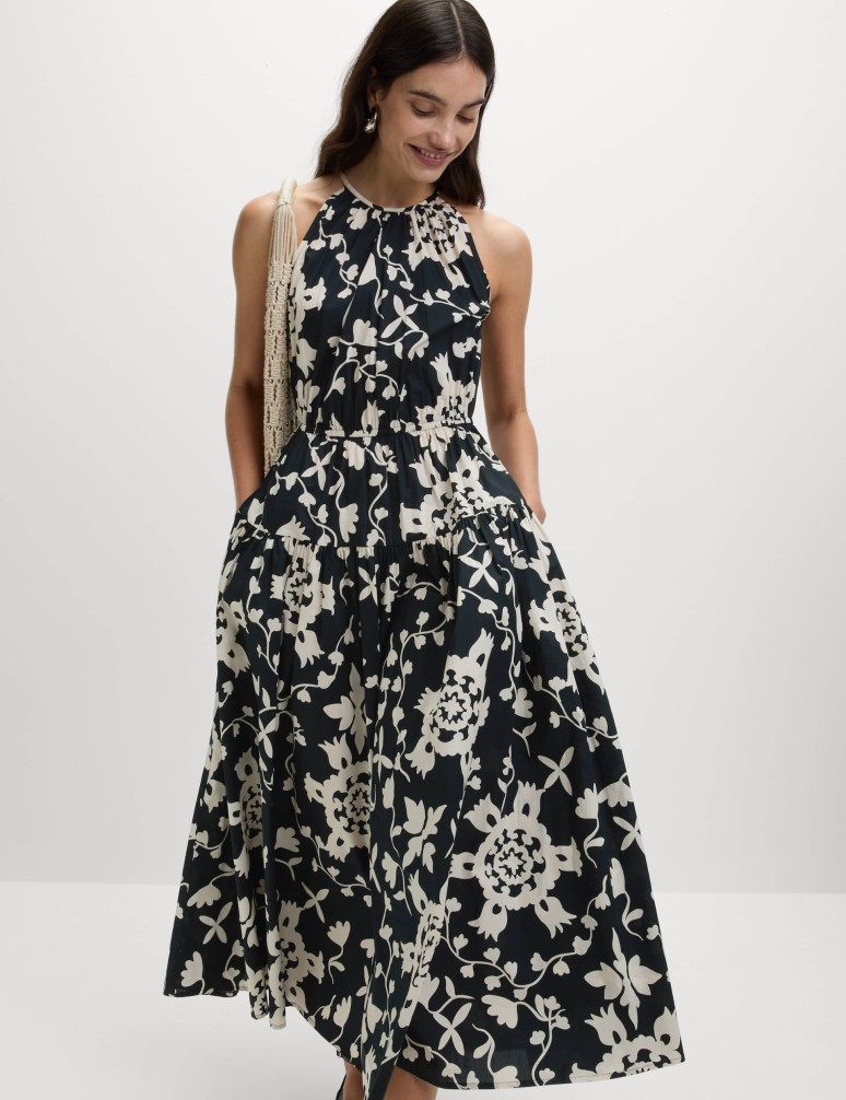 Midi šaty s potiskem a zapínáním za krkem, z čisté bavlny