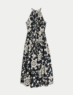 Midi šaty s potiskem a zapínáním za krkem, z čisté bavlny