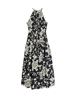 Midi šaty s potiskem a zapínáním za krkem, z čisté bavlny