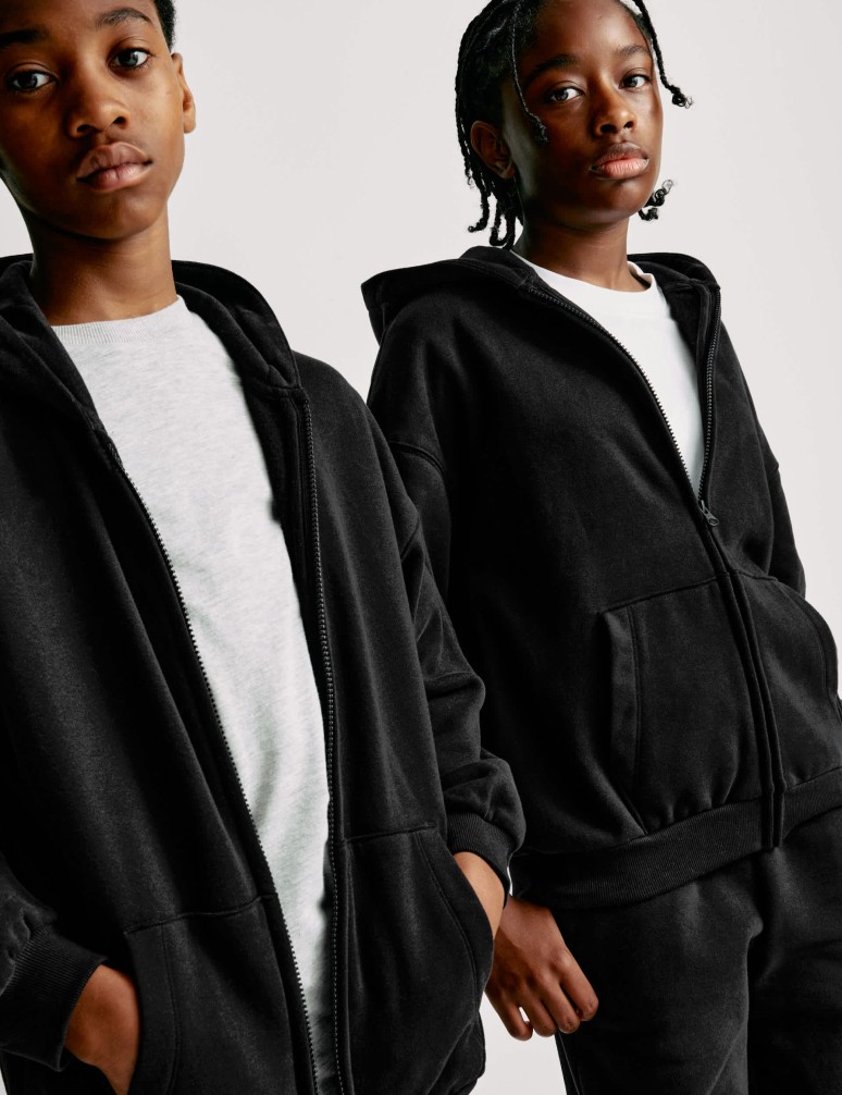 Jednobarevná mikina s kapucí a vysokým podílem bavlny (6–16 let)