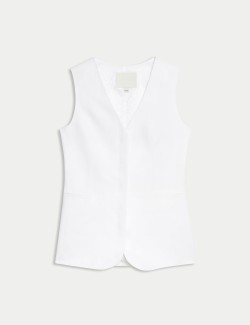 Linen Blend Single Breasted Longline Waistcoat