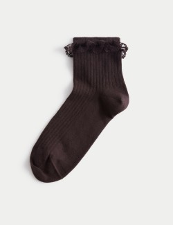 Kotníkové ponožky s vysokým podílem bavlny a krajkovým lemem, 2 páry