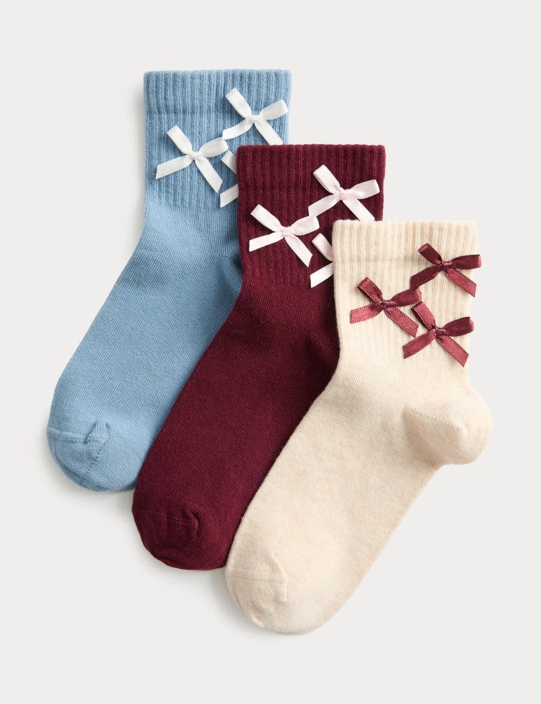 3pk Cotton Rich 3D Bows Socks (6 Small - 7 Large)