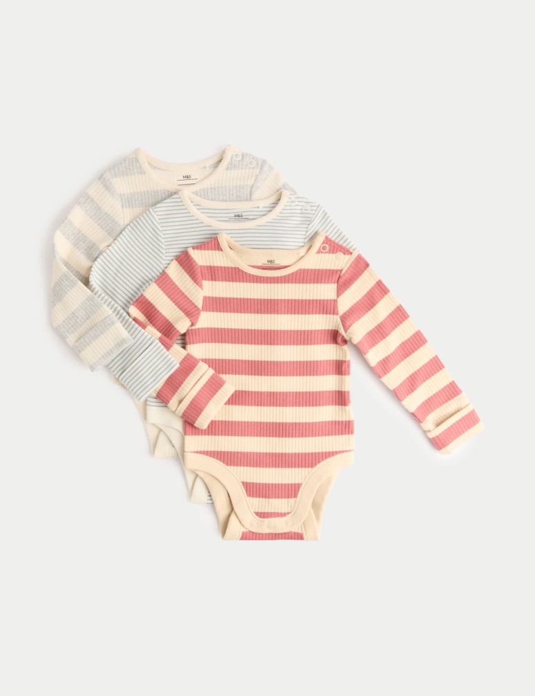 3pk Cotton Rich Striped Long Sleeve Bodysuits (0-3 Yrs)