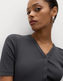 Cotton Rich Ribbed V-Neck Midi Column Dress