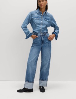 Mid Rise Wide Leg Turn Up Jeans