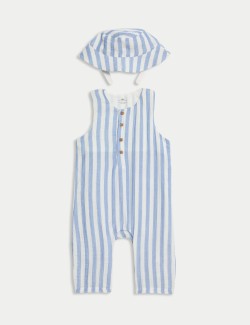 2pc Pure Cotton Blue Striped Romper Outfit (0-3 Yrs)