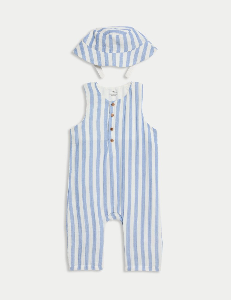 2pc Pure Cotton Blue Striped Romper Outfit (0-3 Yrs)