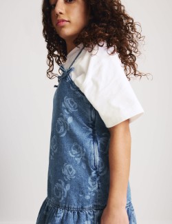 Džínové šaty a top s květinovým potiskem, 2 ks (2–16 let)