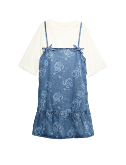 Džínové šaty a top s květinovým potiskem, 2 ks (2–16 let)