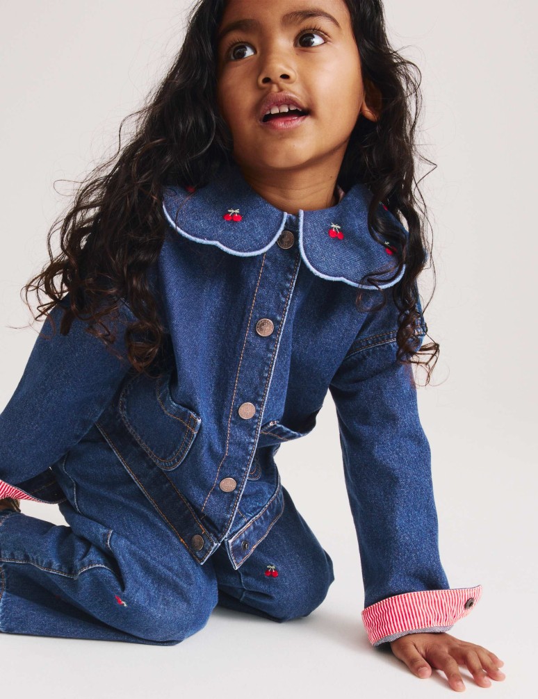 Cherry Embroidered Collar Denim Shacket (2-10 Years)