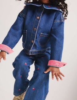 Cherry Embroidered Collar Denim Shacket (2-10 Years)