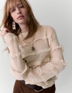 Knitted Crew Neck Ruffle Jumper with Mohair