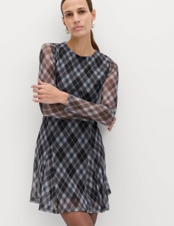 Mesh Checked Mini Skater Dress