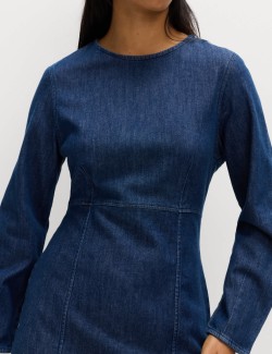 Cotton Rich Denim Round Neck Mini Shift Dress