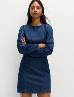 Cotton Rich Denim Round Neck Mini Shift Dress