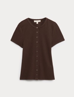 Cotton Rich Ribbed Button Front Top