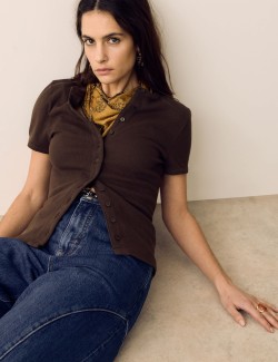 Cotton Rich Ribbed Button Front Top