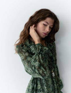 Snake Print V-Neck Frill Detail Midi Dress