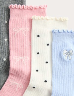 5pk Cotton Rich Bow Ribbed Socks (6 Small - 7 Large)