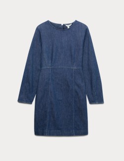 Cotton Rich Denim Round Neck Mini Shift Dress