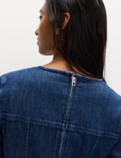 Cotton Rich Denim Round Neck Mini Shift Dress