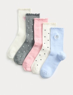 5pk Cotton Rich Bow Ribbed Socks (6 Small - 7 Large)
