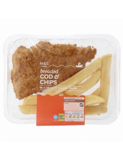 Filet z tresky obecné obalený ve strouhance, s hranolky pečenými v troubě