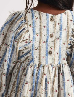 Pruhované šaty s květinovým motivem z čisté bavlny (1–8 let)