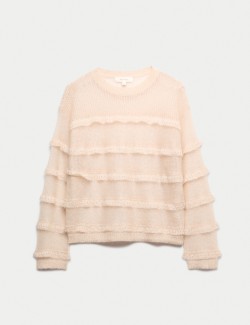 Pletený svetr s výstřihem ke krku a s volánem, s příměsí mohéru