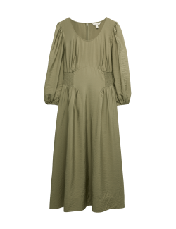 Nabírané midi šaty s kulatým výstřihem