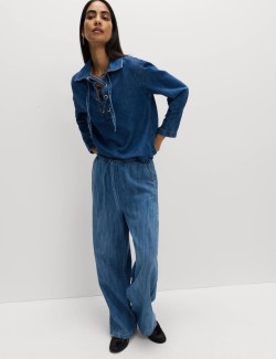 Denim Drawstring Wide-Leg Trousers