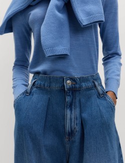 High Waisted Paperbag Pleated Relaxed Jeans