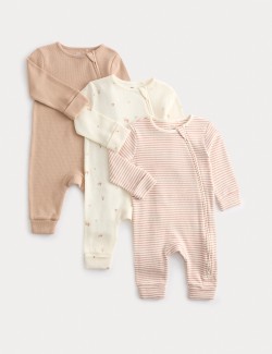 3pk Pure Cotton Acorn Print Zip Sleepsuits (0-3 Yrs)