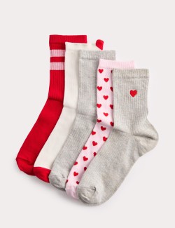 5 Pack Cotton Rich Ribbed & Heart Ankle High Socks